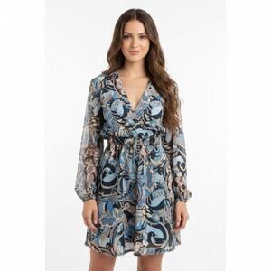 Boston Proper Paisley Mini Dress Blue Sheer Puff Sleeve 14 V Neck Resort Summer